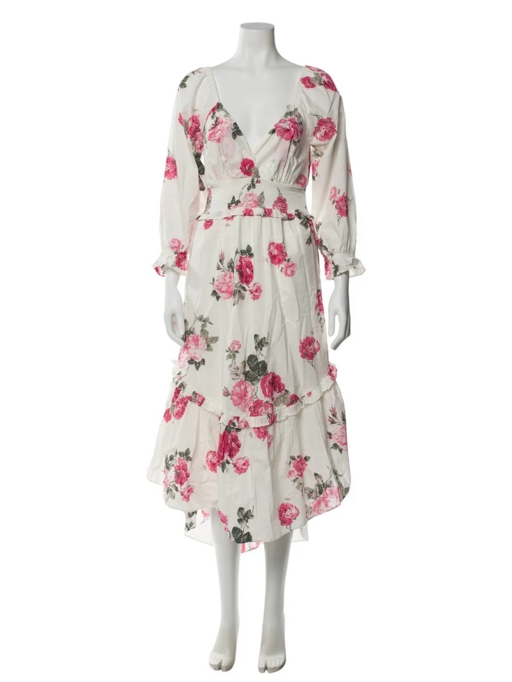 Love Shack Fancy White Floral V-Neck Tiered Midi Dress with Pink Rose Print